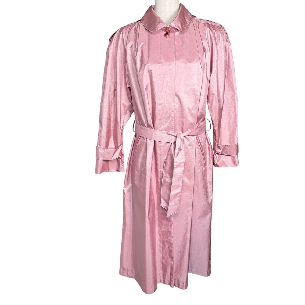 VINTAGE 80's BRITISH MIST Women's Trench Raincoat Pink Shiny sz 12P Barbiecore